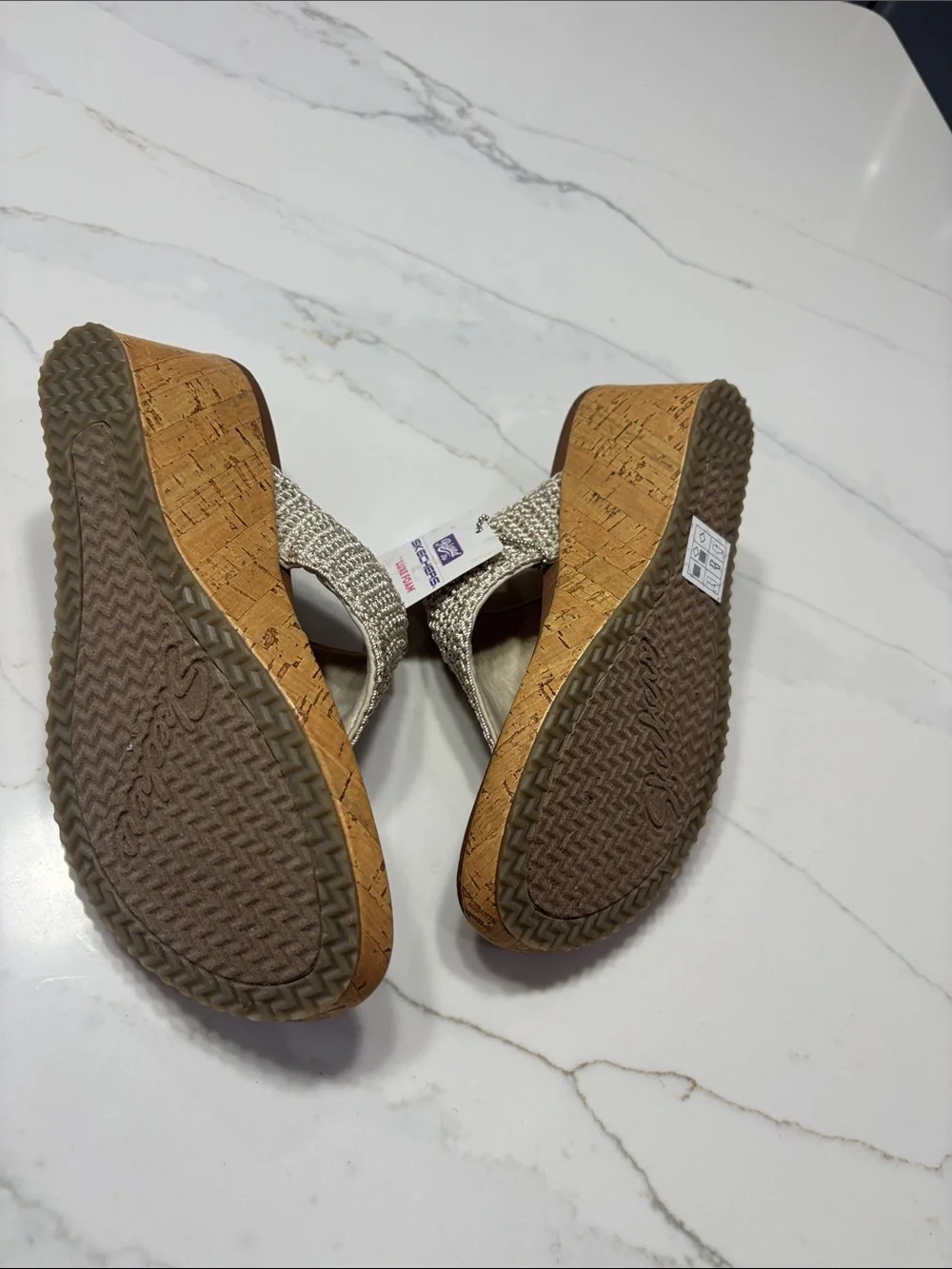 Skechers Silver Beaded Cork-Look Wedge Thong Sandals
